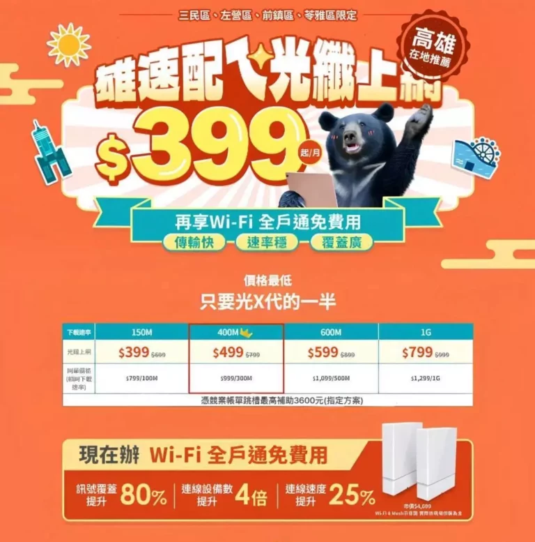 【高雄限定】前鎮、苓雅區！網路優惠方案$399/月起